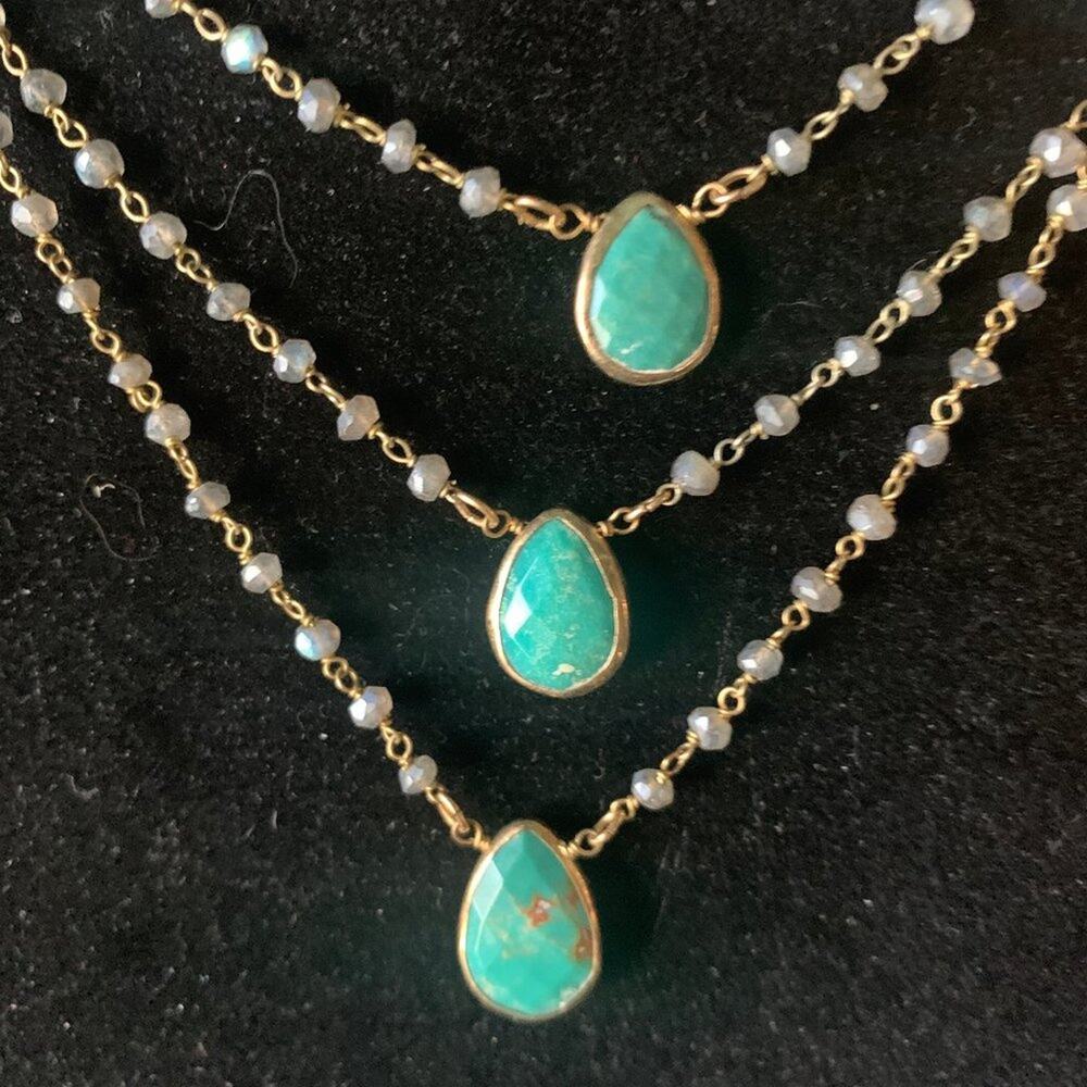 NEW RACHEL REINHARDT RUSSIAN AMAZONITE & LABRADORITE TRIPLE BRIOLETTE NECKLACE